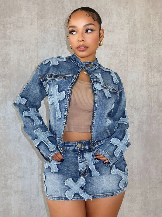 IPUTAI 2 Piece Denim Sets Womens Outfits Spring Long Sleeve Zipper Jacket and Mini Skirt Set Sweet Sexy Outfits Wholesale Dropshipping