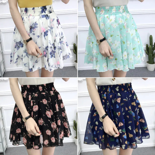IPUTAI 27 Colors Women's skirt summer New high waist printed chiffon pleated floral short skirt Safety one word floral mini skirt