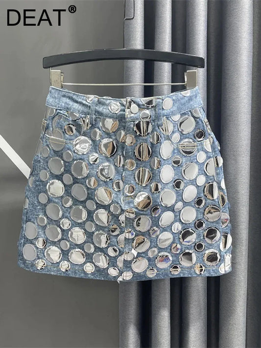 IPUTAI DEAT 2024 Summer New Fashion Women's Denim Skirt High Waist Circular Sequin Patchwork Wrap Hip Blue Short Mini Skirts 29L4143