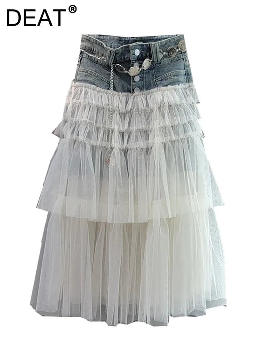 IPUTAI DEAT Women's Denim Skirt High Waist Patchwork Multi-layer Mesh A-line Gauze Elegant Long Skirts 2024 Summer New Fashion 29L7314